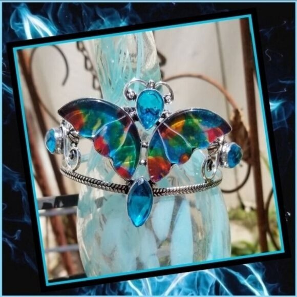 Dichroic Glass & Sky Blue Topaz Butterfly Cuff Bracelet – S925 Sterling Silver - Picture 14 of 14